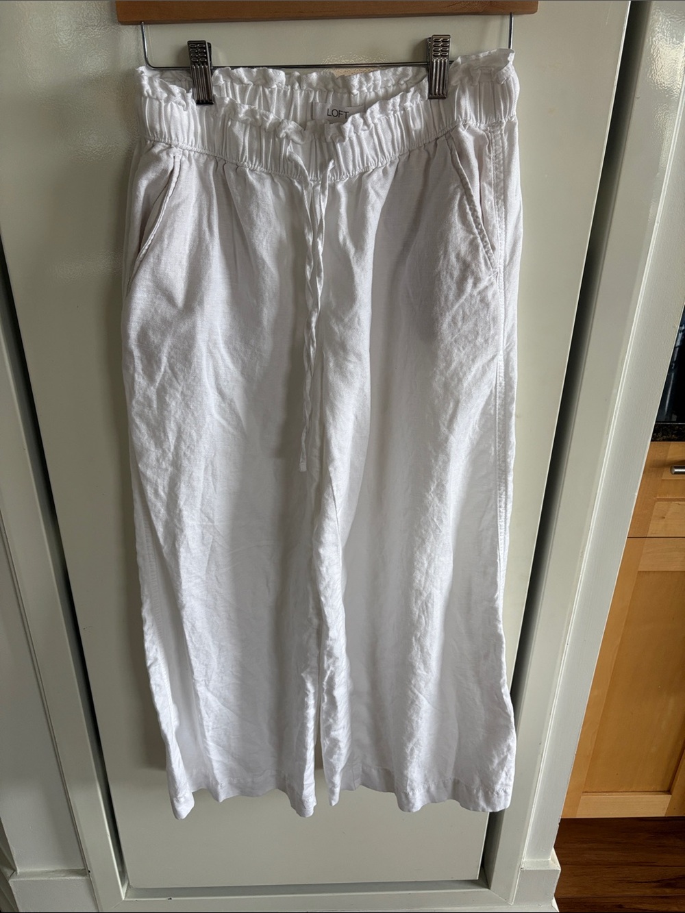 LOFT White Linen-Blend Pull-On Wide Leg Midi Skirt